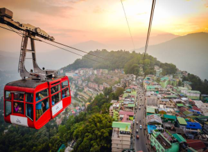 Gangtok ropeway cable car overlooking hill town and green mountains