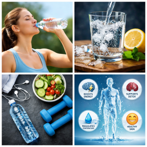 “Hydration and healthy lifestyle concept featuring drinking water, lemon water, fitness routine, nutritious food, and illustrated benefits of water such as energy boost, detox support, temperature regulation, and glowing skin.