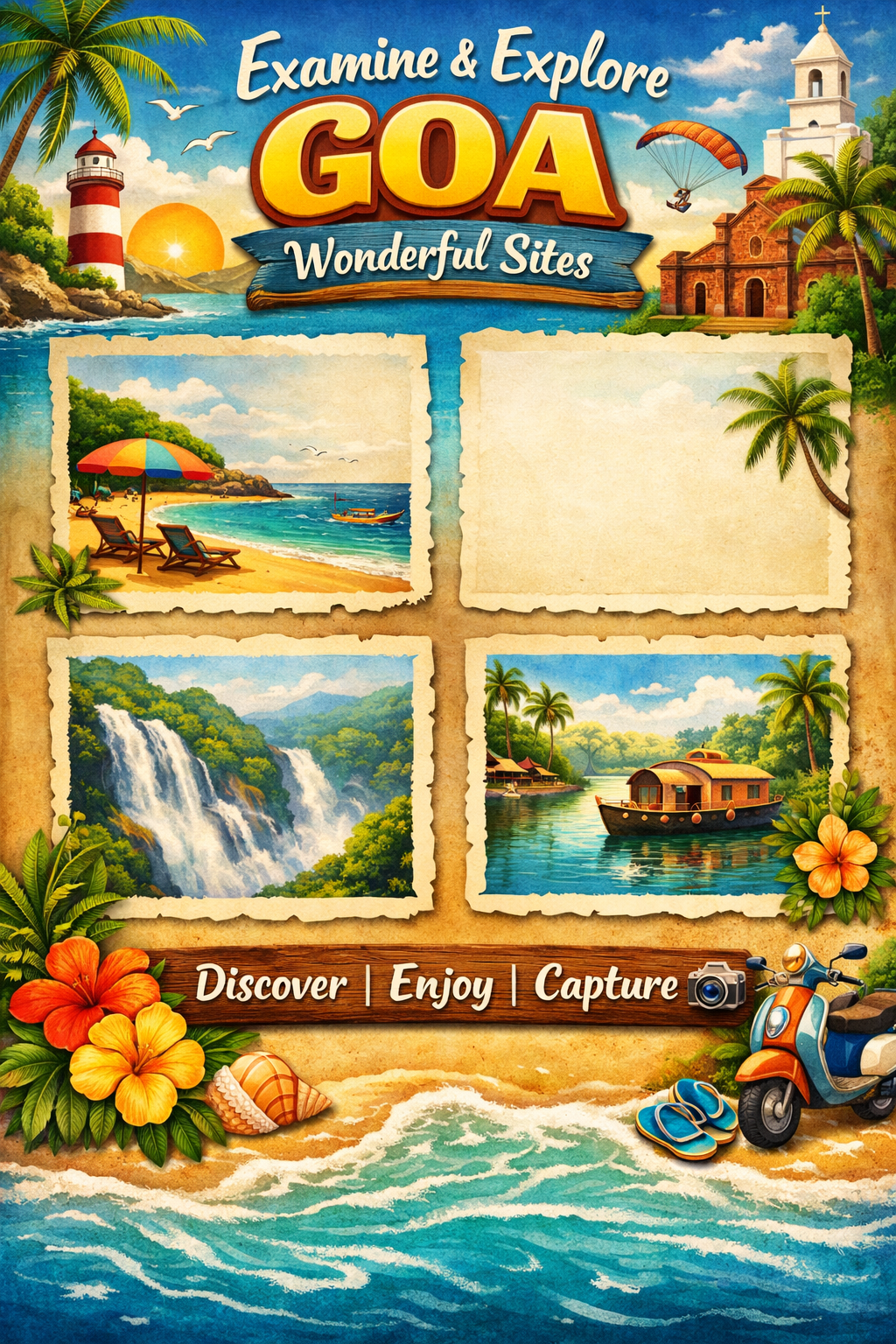Illustrated travel poster titled “Examine & Explore Goa – Wonderful Sites” featuring Goa’s highlights, including a sunny beach with umbrellas, lighthouse and coastline, lush waterfall in the Western Ghats, serene backwater houseboat, historic church, palm trees, scooter.
