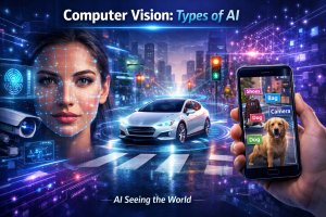 A futuristic AI system performing facial recognition, object detection, and visual analysis across images, self-driving cars, and smart devices using computer vision technology.