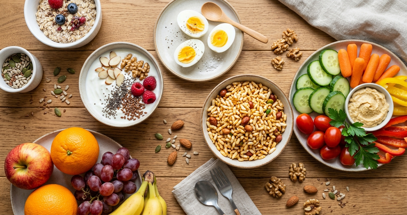 healthy snacks for weight loss including eggs oats yogurt nuts and vegetables