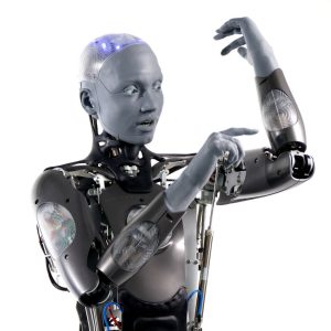 Ameca humanoid robot with realistic facial expressions and advanced AI robotics design.