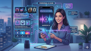 Applications of narrow AI in everyday life including voice assistants, recommendation systems, and chatbots on smartphone and digital platforms