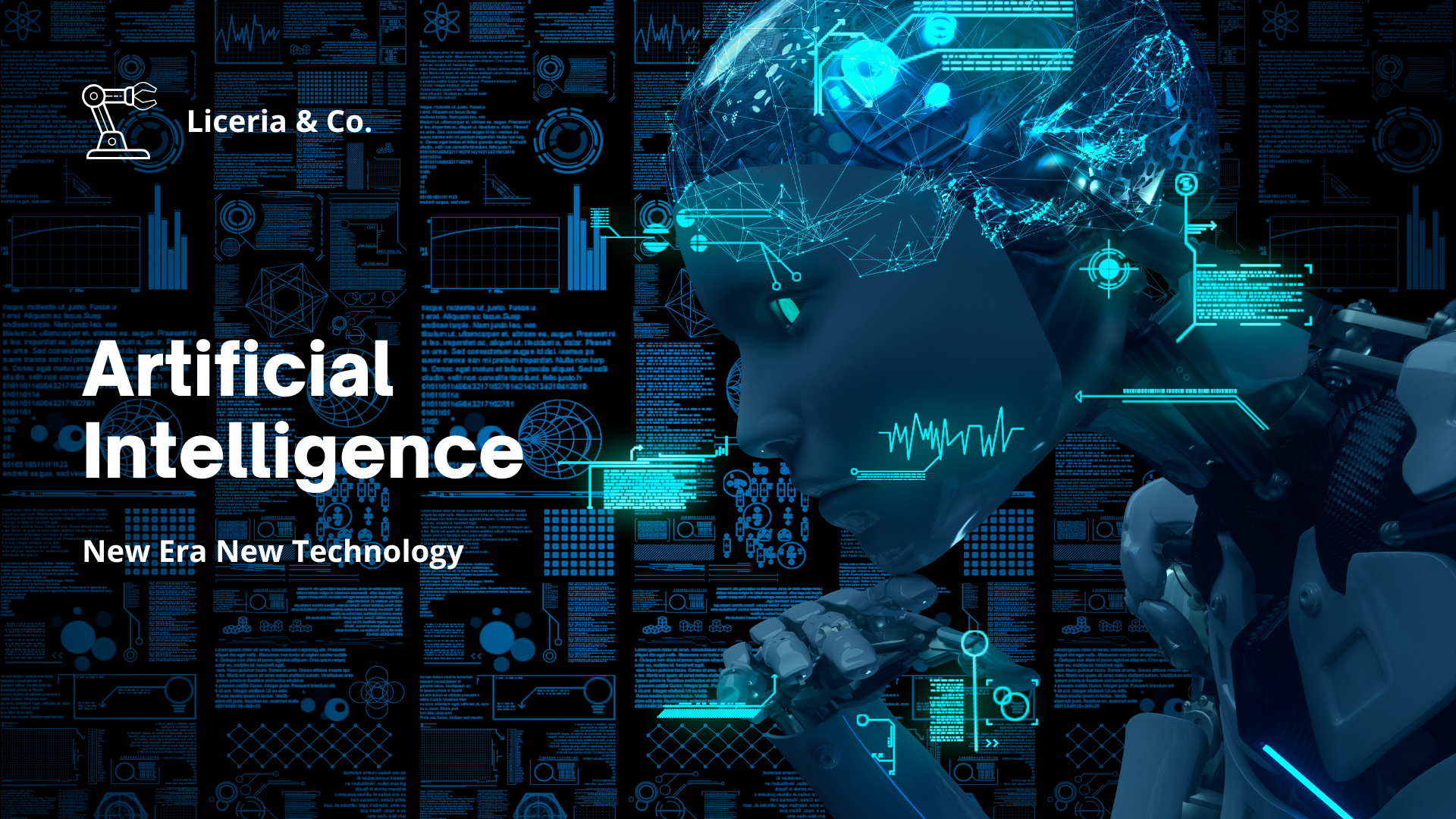 A futuristic blue robot in a thinking pose against a background of digital data, with the text "Artificial Intelligence: New Era New Technology"