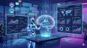 Advanced AI intelligence concept showing machine learning, NLP, chatbots, and data analytics in a futuristic digital environment