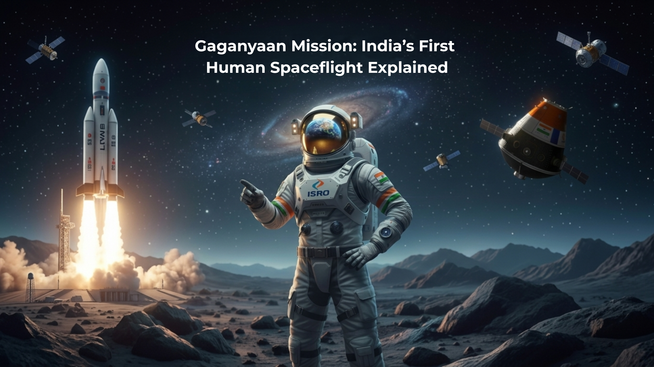 ISRO astronaut and LVM3 rocket launch for Gaganyaan Mission banner.