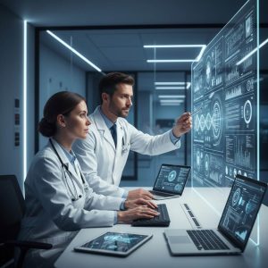 Doctors analyzing AI-powered medical data on a digital screen to improve diagnosis and healthcare decisions.