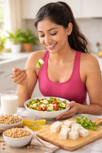 Indian woman is eating tofu salad with soya products because she wants to lose weight and have a diet with high protein.