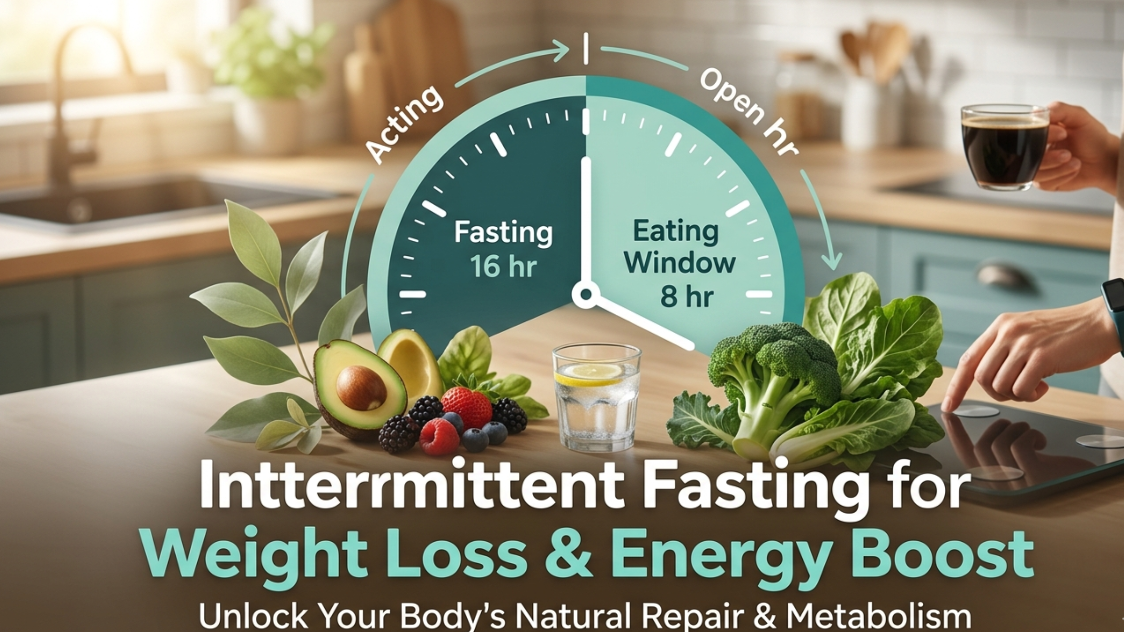 Intermittent fasting clock with 16/8 method and healthy foods on a kitchen table.