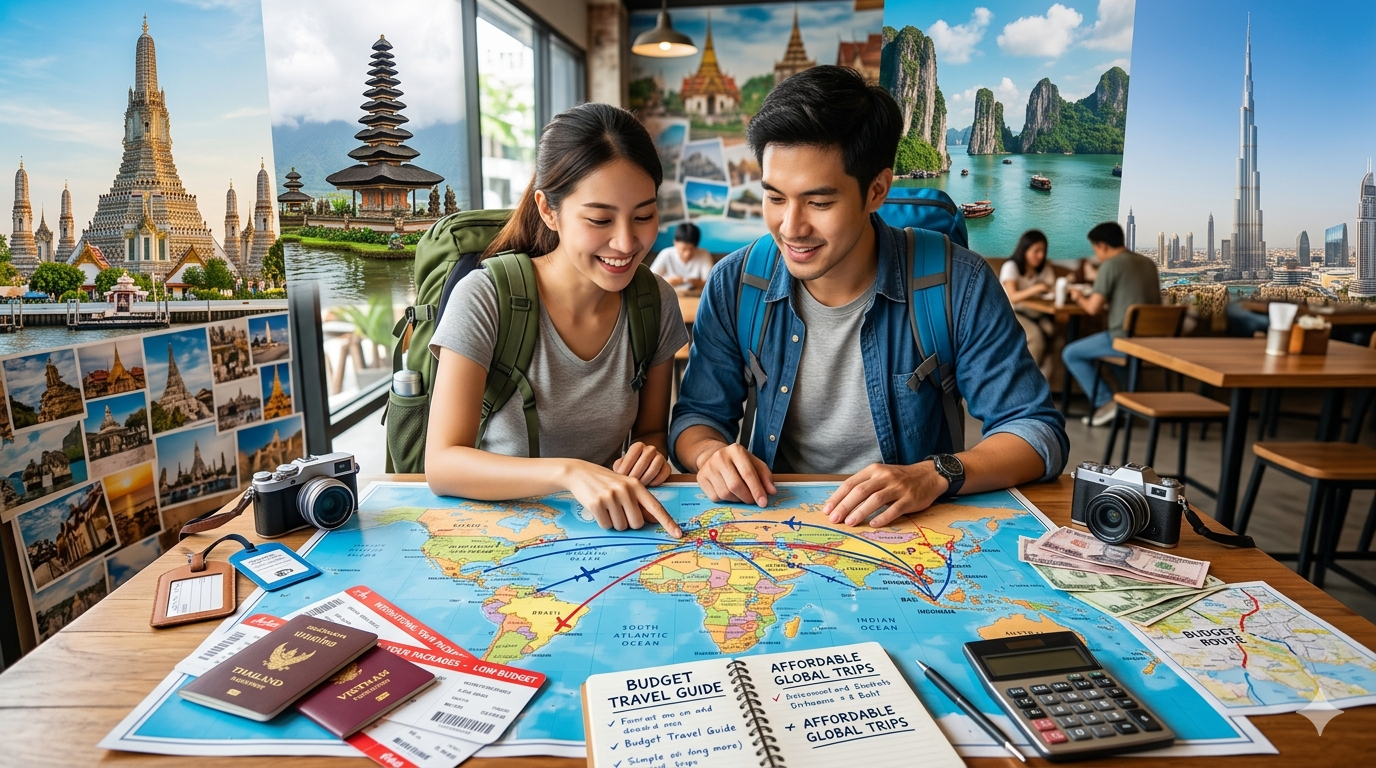 International tour packages low budget concept with travelers planning affordable global trips