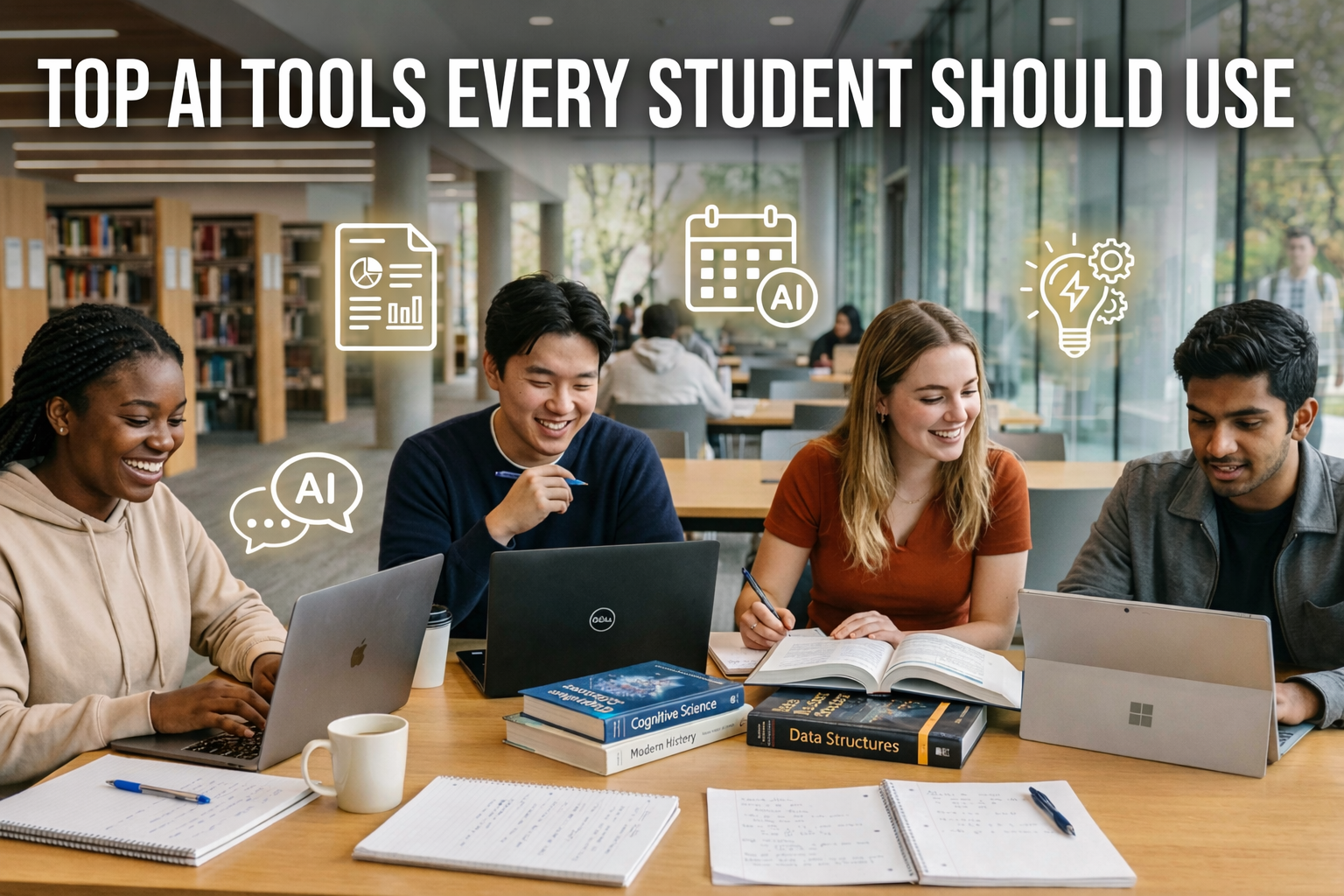 This picture shows four college students working together in a library. The library is an nice place to study. They have their laptops. Notebooks out. This helps the college students learn things and get their work done on time. The laptops and books make studying easier, for the college students. The college students can get more work done when they use these tools.