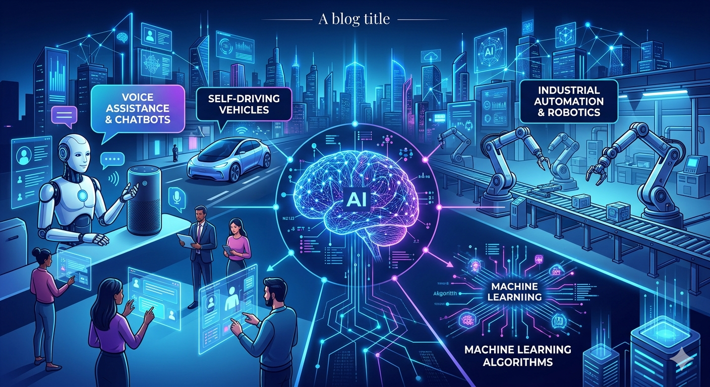 Illustration of different types of artificial intelligence including robots, neural networks, self-driving cars, and smart assistants in a futuristic smart city environment.