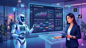 Types of AI optimizing social media posting with automation dashboard, analytics insights, and smart content scheduling in digital marketing