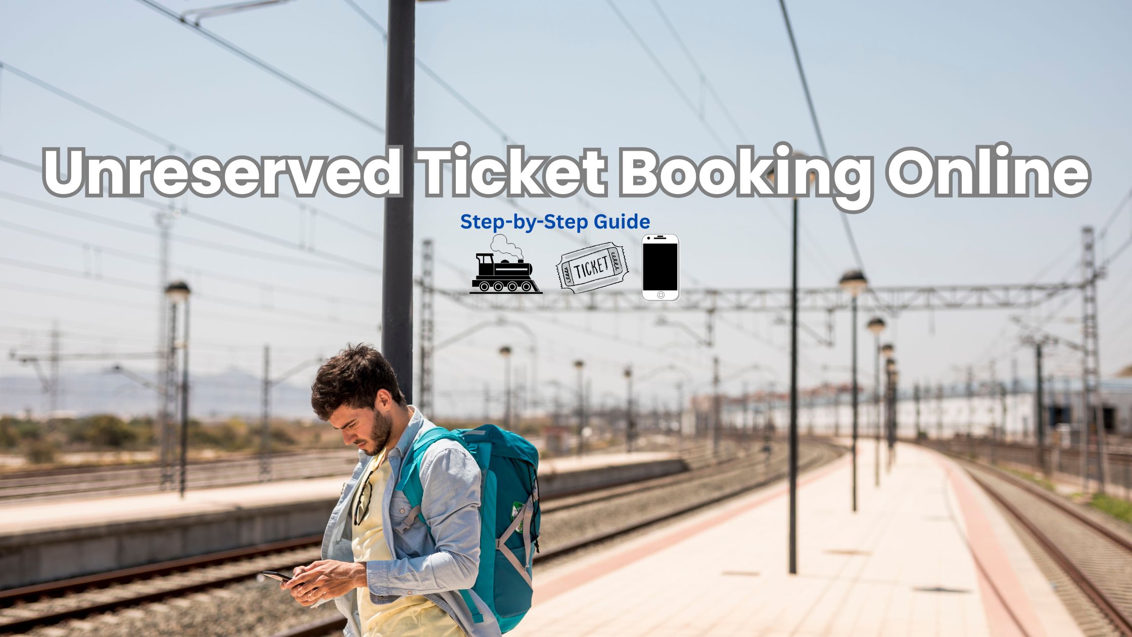 Traveler using smartphone at railway station showing unreserved ticket booking online