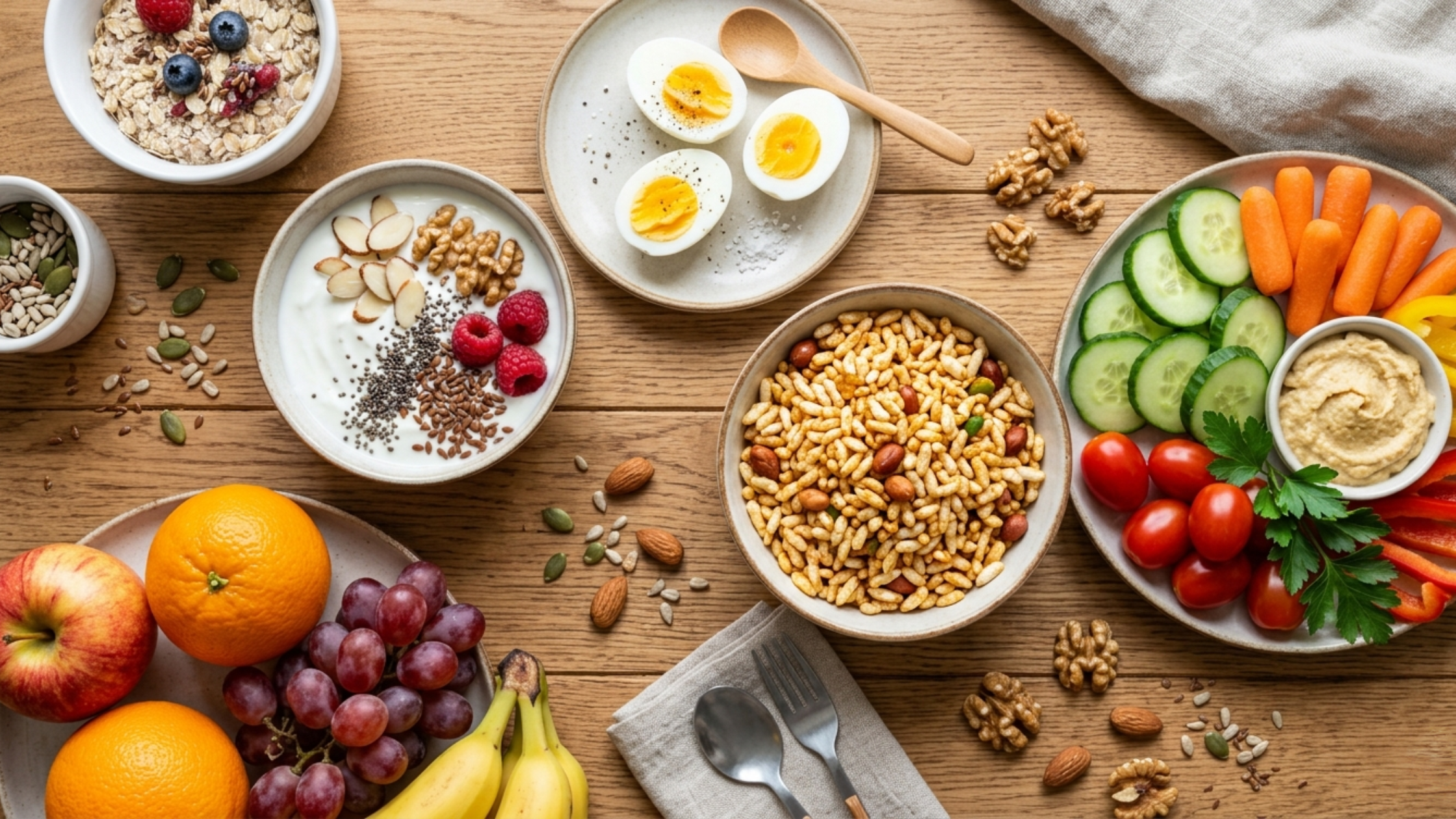 healthy snacks for weight loss including eggs oats yogurt nuts and vegetables 