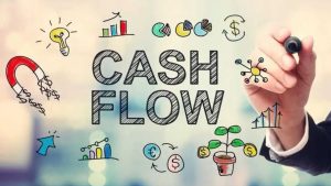 cash flow analysis concept showing inflow and outflow of money with financial icons and growth charts