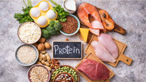 Assorted protein-rich foods like eggs, fish, chicken, lentils, nuts, and dairy around a chalkboard labeled “Protein.”