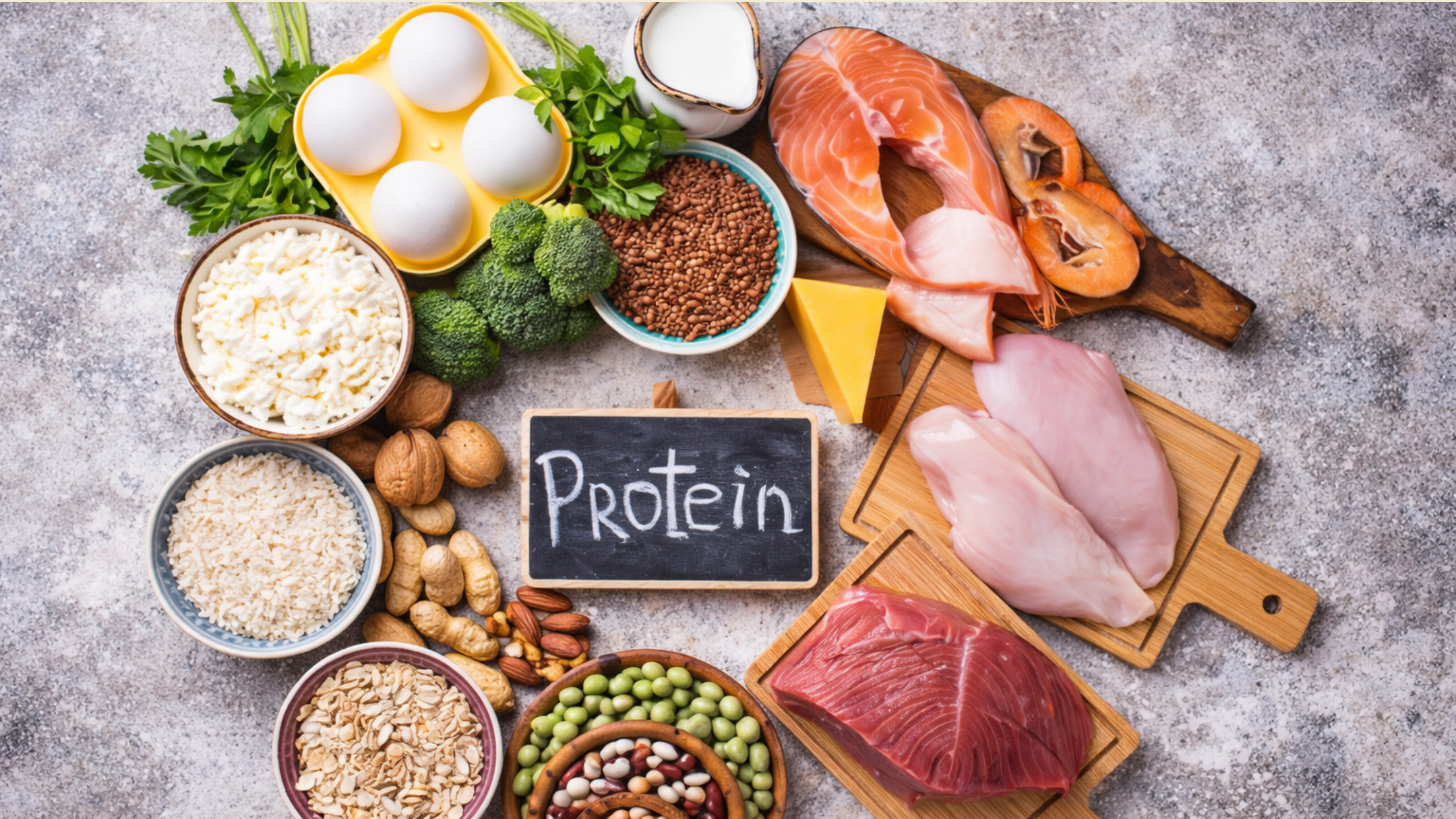 Healthy boost protein foods like eggs, chicken, fish, beans, nuts, and dairy for a balanced high-protein diet.