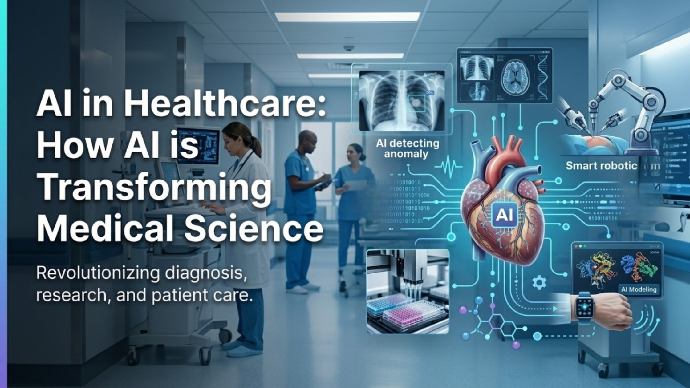 AI in healthcare concept showing hospital environment with doctors, AI-powered diagnostic scans, robotic surgery system, and digital heart data visualization.