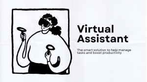 Minimalist illustration of a person wearing a VR headset holding controllers next to the text “Virtual Assistant”.