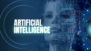 Artificial intelligence concept with human face and digital circuit technology representing AI systems and machine learning