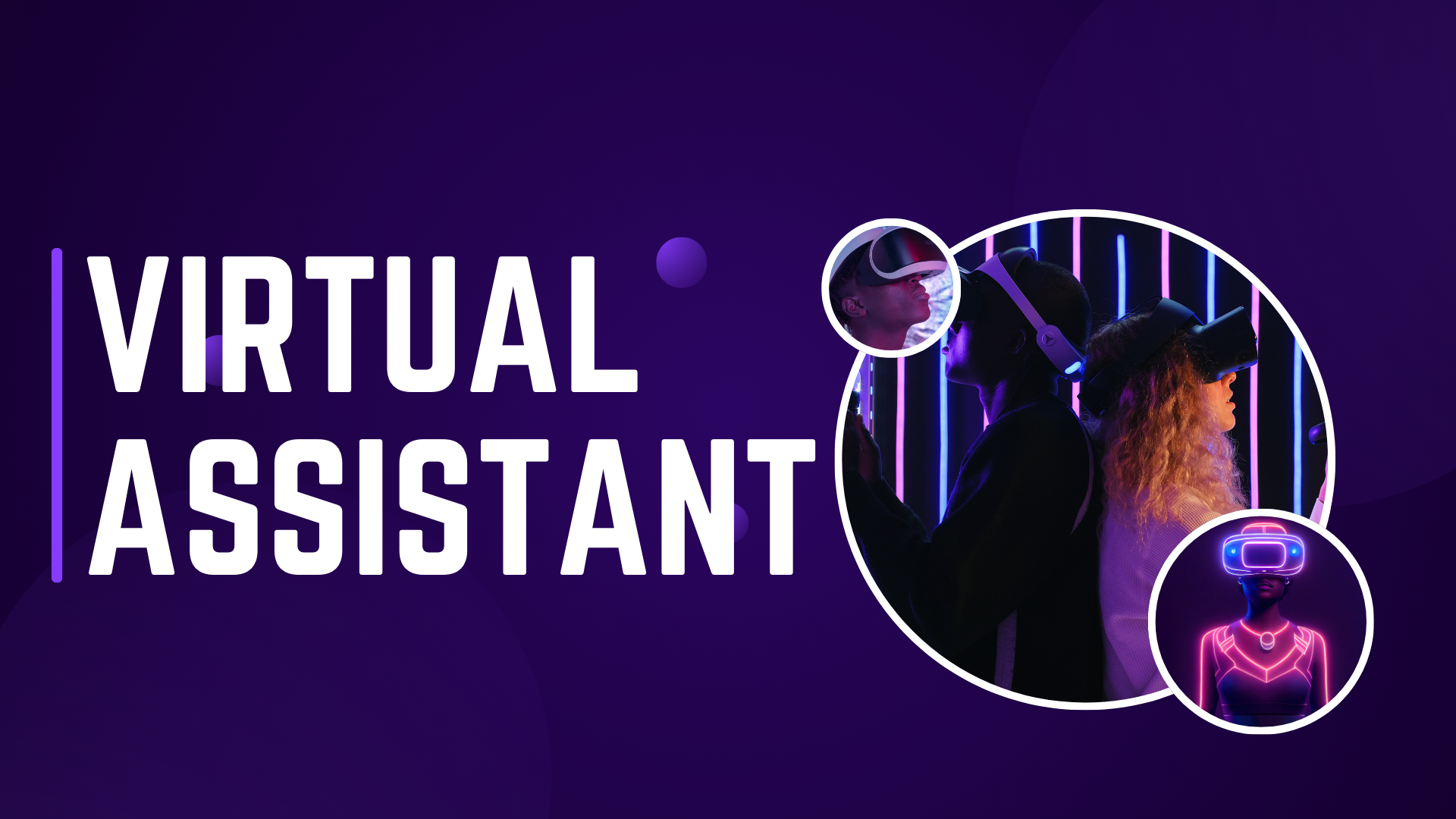 Virtual assistant concept banner with people using VR headsets in a futuristic digital environment.