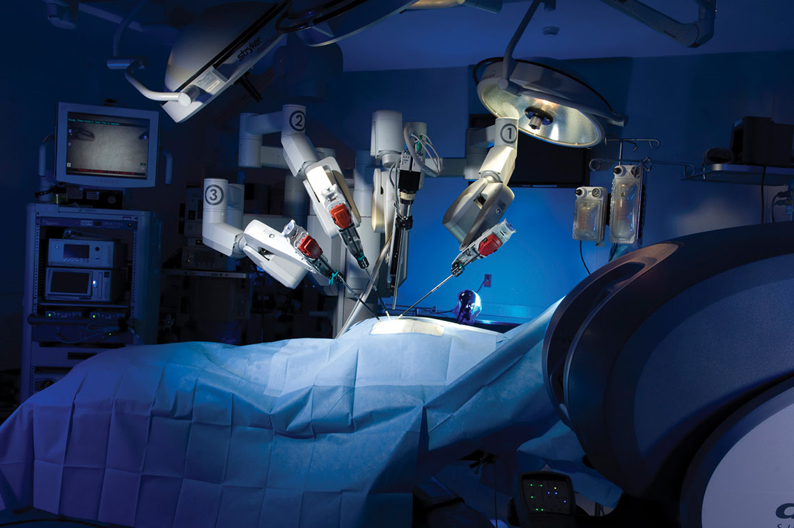 AI-powered robotic surgery system performing a minimally invasive procedure in a modern hospital operating room.