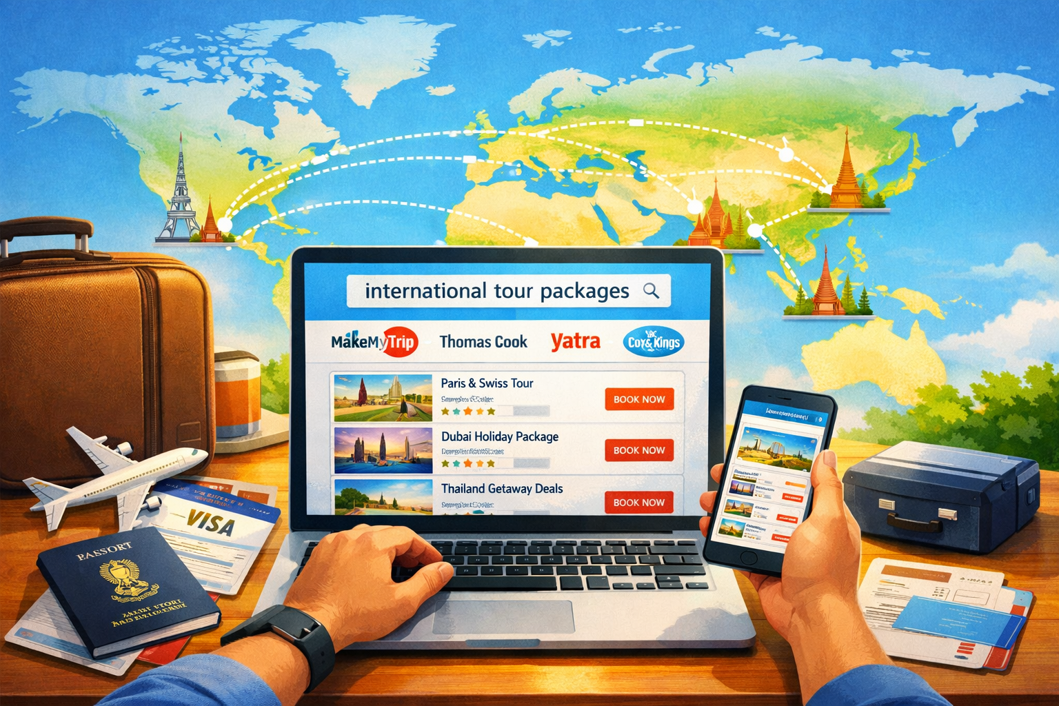 Traveler searching international tour packages on a tour and travel website with top international travel agencies and global destinations