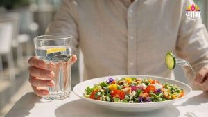 Person drinking water while eating fresh salad during a 7 day diet chart