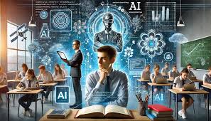 A digital illustration of a classroom where students use laptops and books while a glowing blue artificial intelligence interface with a humanoid figure and data patterns floats above them.