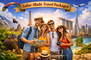Tour and travel website Happy travelers planning customized international trips