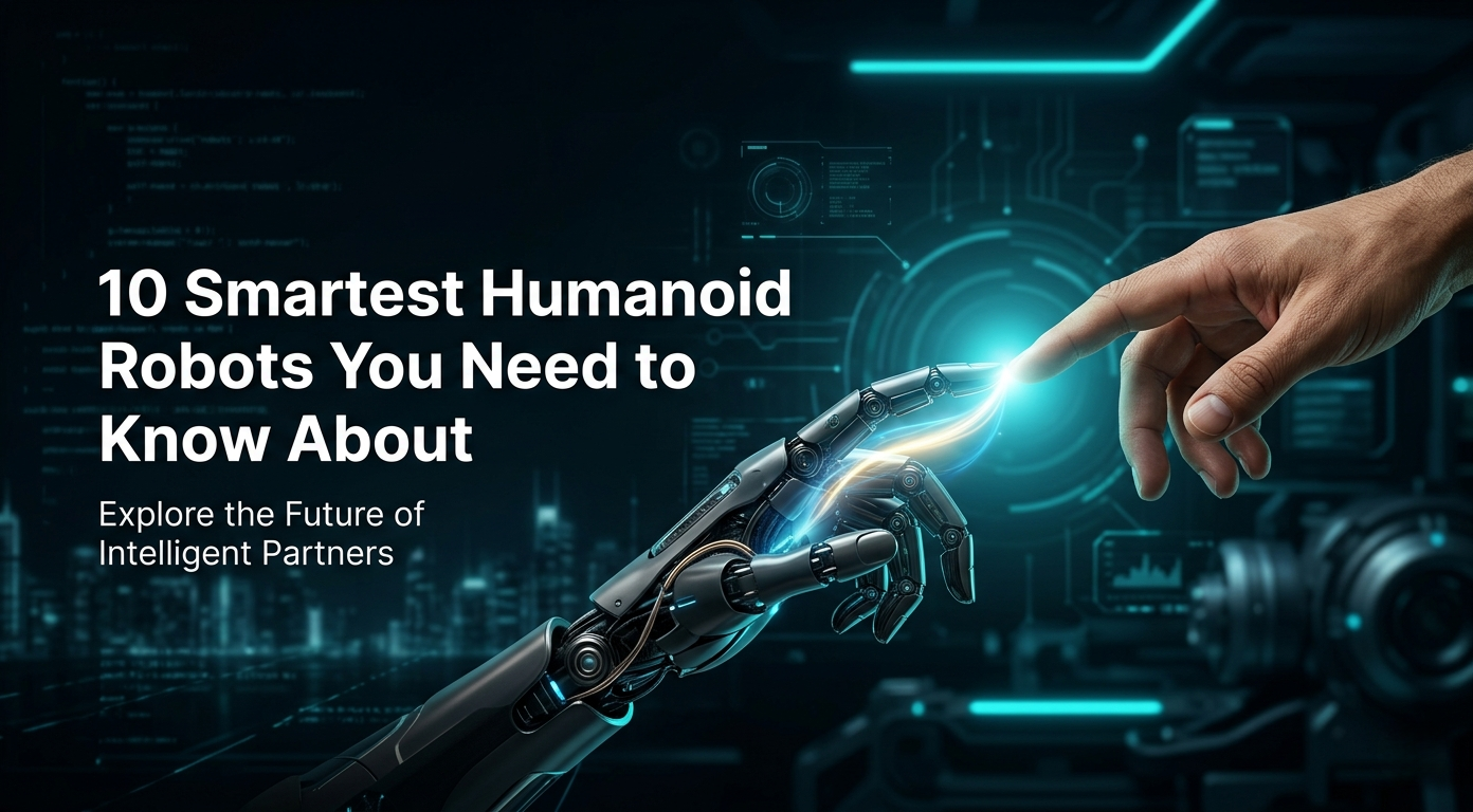 Human hand and humanoid robot hand almost touching with glowing connection, representing advanced humanoid robots and human-AI collaboration.