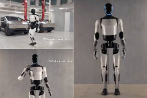 Tesla Optimus Gen 2 humanoid robot walking and showing hand movements.