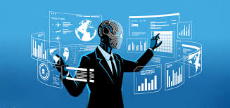 Businessperson in a suit manipulating floating holographic charts and graphs against a blue background.