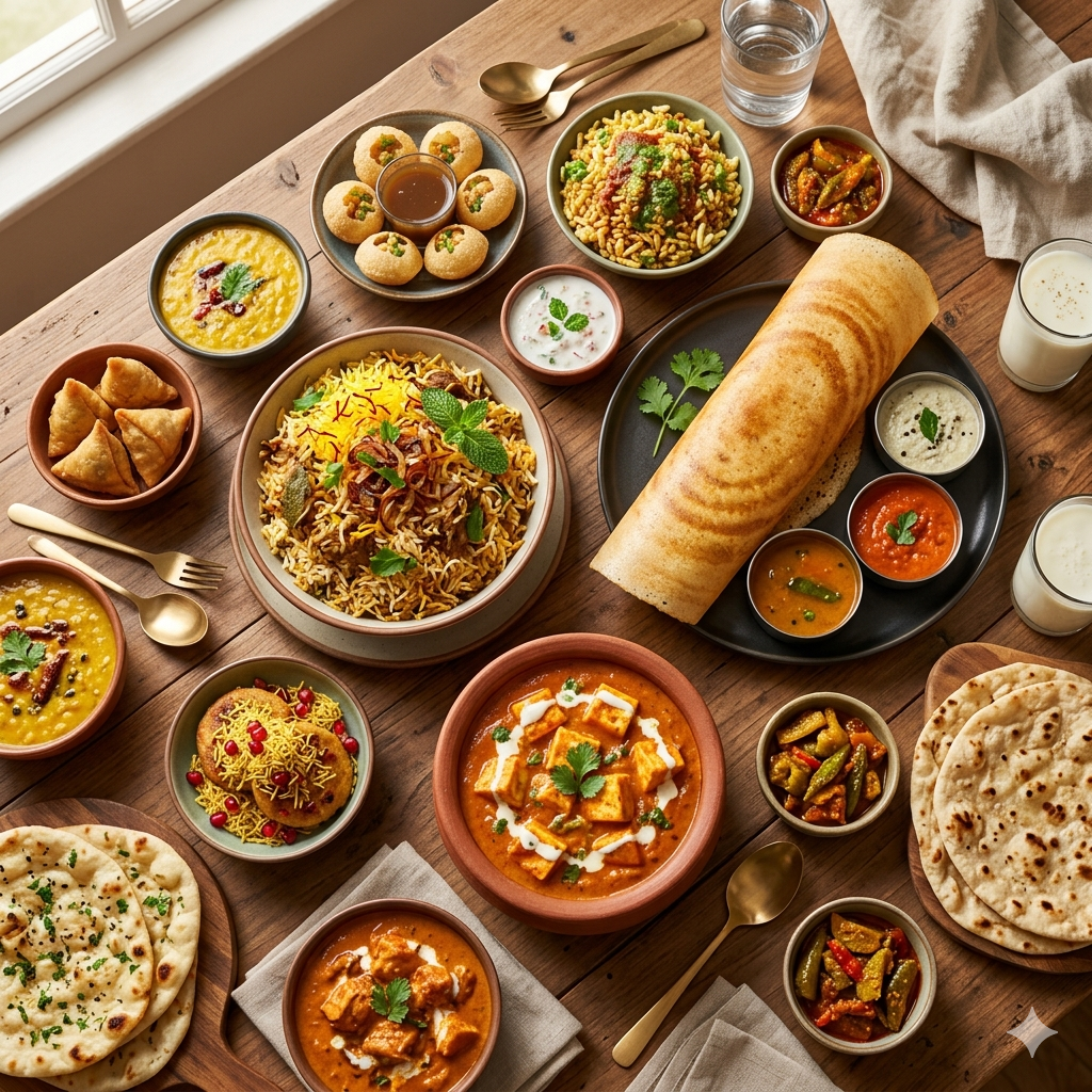 different- types- of- food- in- India- full- variety- platter