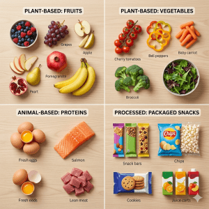 different -types- of- food- categories- plant- animal- processed