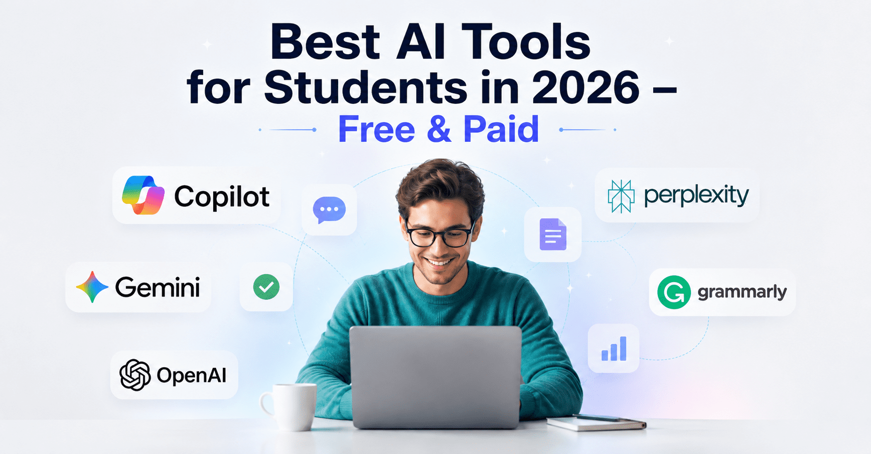 Best AI Tools for Students in 2026 – Free & Paid banner with student using laptop and AI tool logos