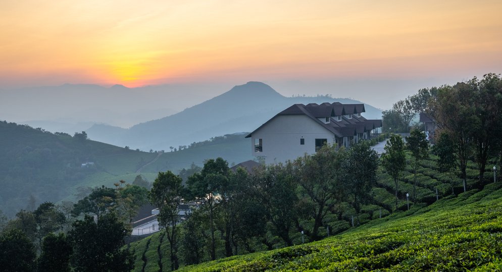 Scenic sunrise view of Vagamon, Kerala, featuring lush green tea plantations, mist-covered hills, and hillside resort cottages surrounded by trees under a colorful morning sky.