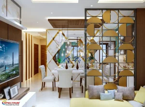 Modern interior decoration featuring a luxury dining space, elegant room divider, and sophisticated warm lighting concepts.