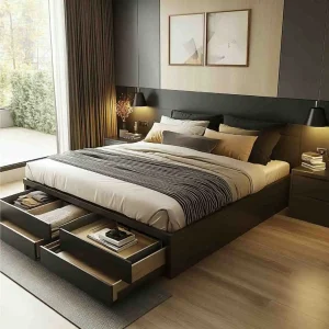 Minimalist bedroom layout showcasing a space-saving platform bed design and smart lighting tips for small rooms.