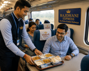 : Rajdhani Express attendant serving meals to passengers.