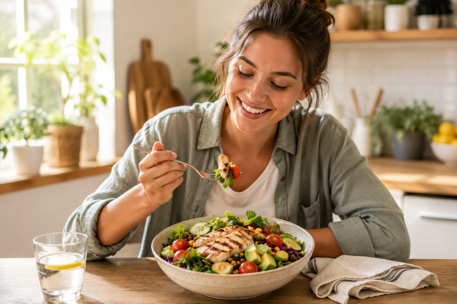 person enjoying healthy chicken salad recipes at home for easy high protein lunch