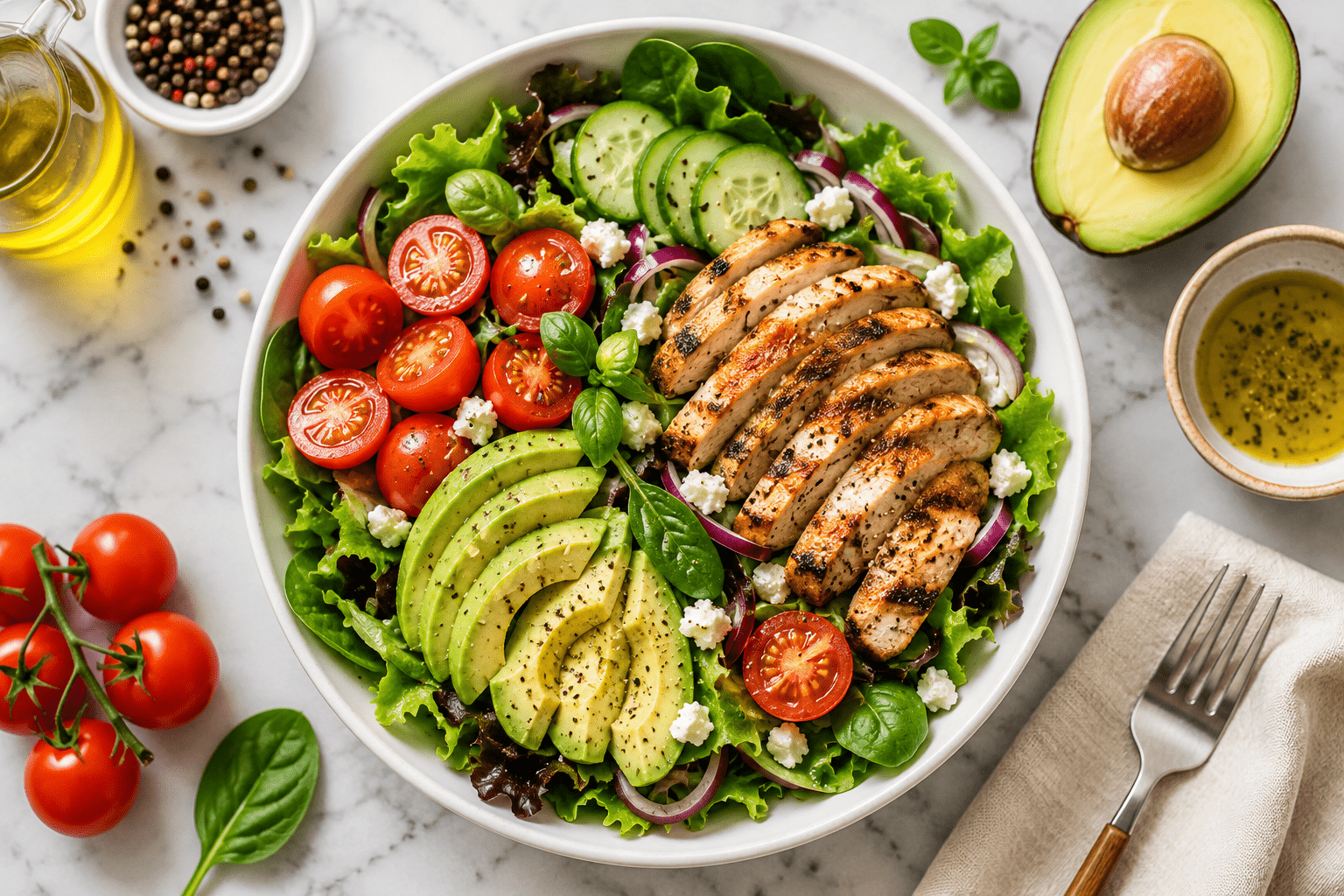 variety of easy chicken salad recipes including grilled chicken salad and avocado versions on a table