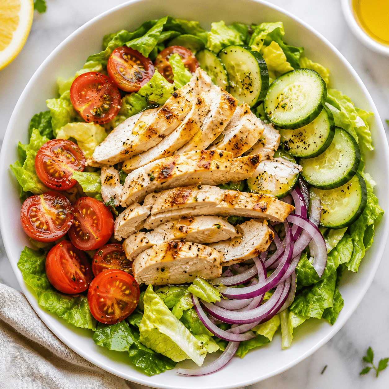healthy chicken salad recipes in a white bowl with grilled chicken and fresh vegetables