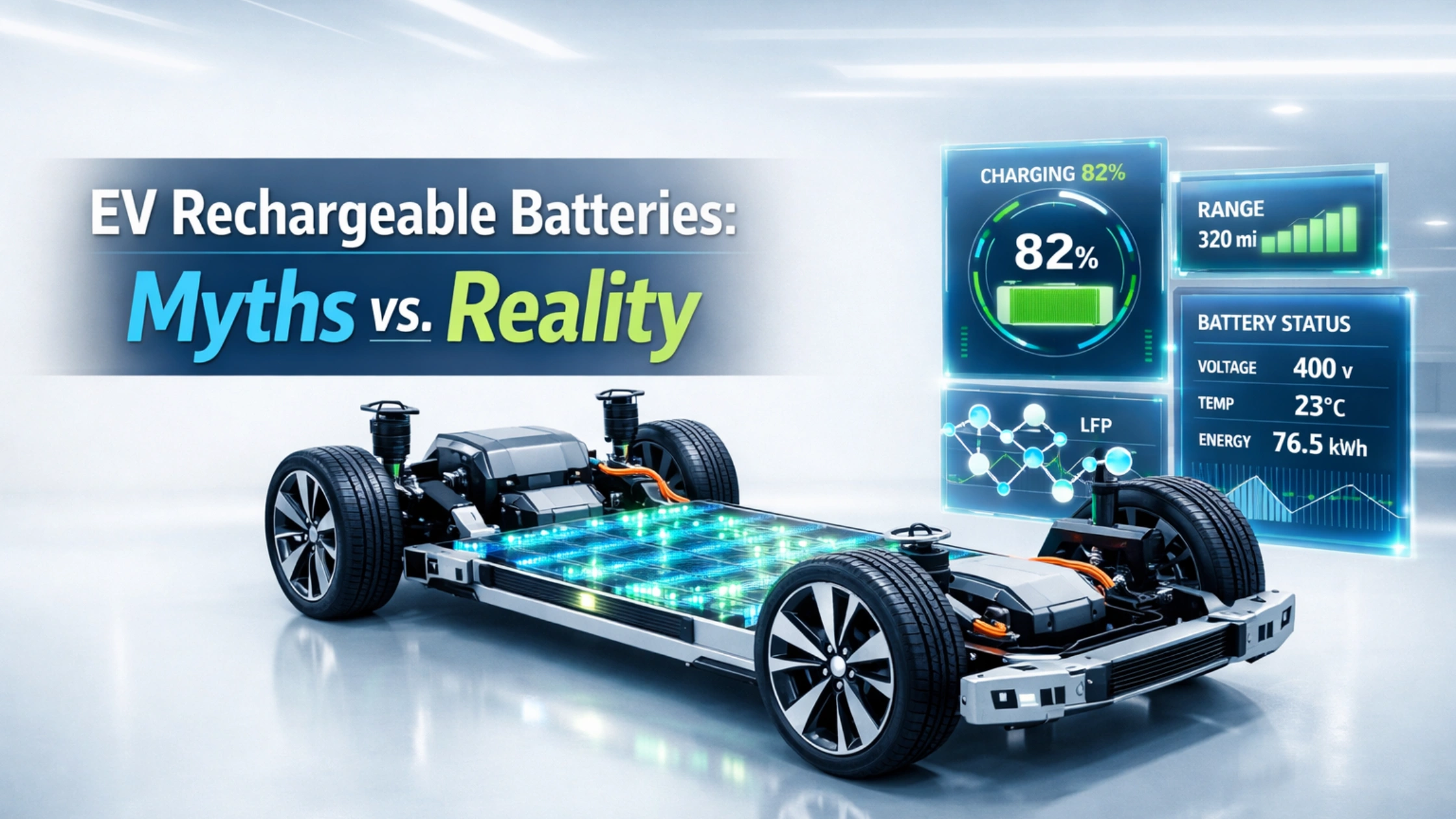 Futuristic electric vehicle chassis showing a glowing battery pack and a digital charging percentage dashboard.