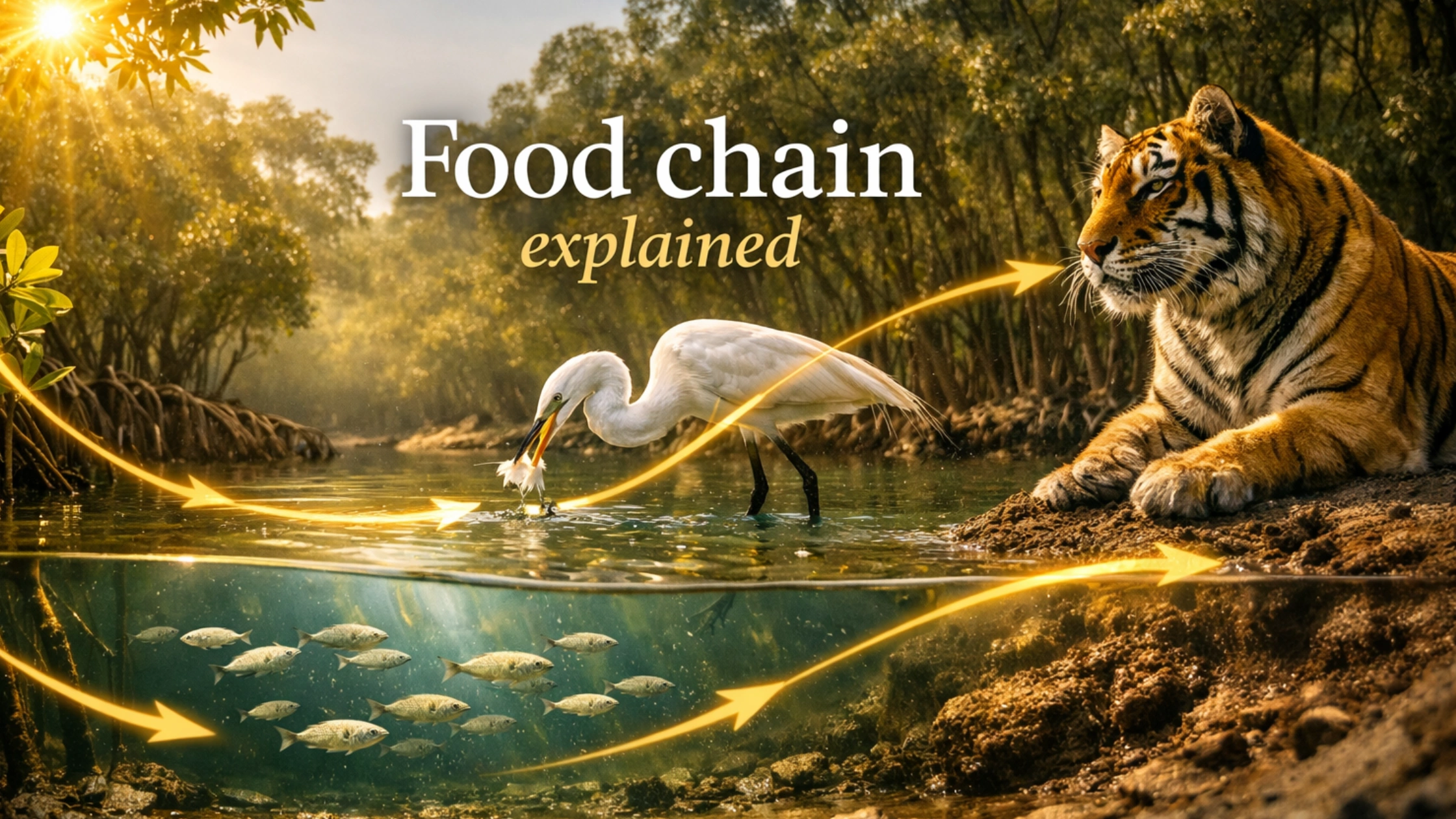 A vibrant digital illustration of a food chain ecosystem featuring a white egret wading in a river, a Royal Bengal Tiger on the bank, and golden light paths connecting them to symbolize the flow of energy.