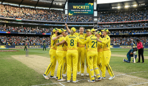 Players celebrating a breakthrough victory in the ICC Women’s T20 World Cup qualifier match