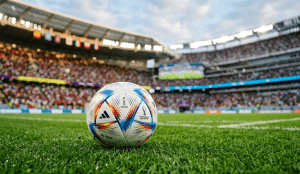 Official football on the pitch ahead of a World cup tournament match