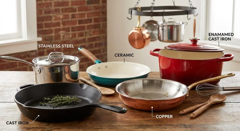 Different types of non-toxic cookware sets including cast iron, stainless steel, ceramic, and copper pans on a wooden table