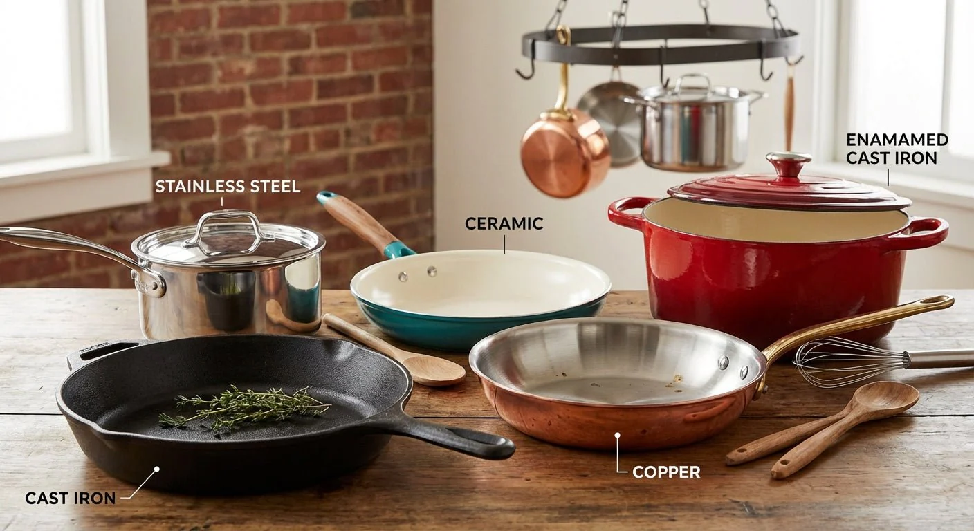 Different types of non-toxic cookware sets including cast iron cookware , triply stainless steel cookware, ceramic, and copper pans on a wooden table